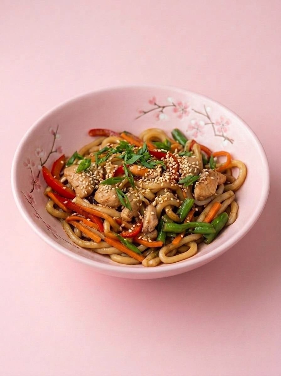 Удон, 
курица,
морковь, 
лук репчатый, 
перец болгарский, 
стручковая фасоль, 
соус терияки, 
лук зеленый, 
кунжут